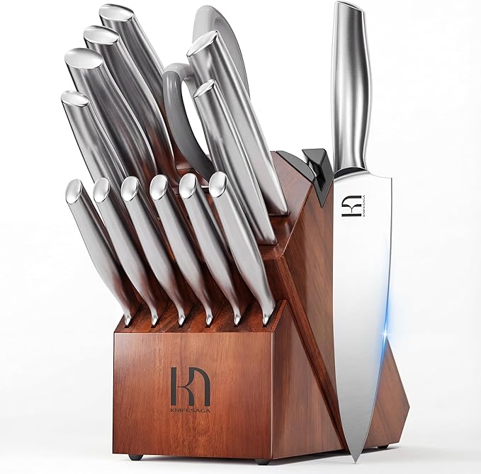 Knife Set Premium, Japanese High Carbon Stainless Steel 14 Pcs Kitchen Knives Block Set with Built-in Sharpener and Wood Block, Razor Sharp Knife Sets for Kitchen with Ergonomic Handle