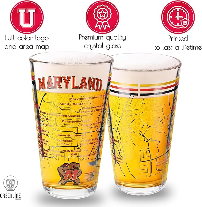 Greenline Goods – University of Maryland Terrapins College Pint Beer Glasses (Set of 2), 16 oz – Full-Color Logo + Campus Map