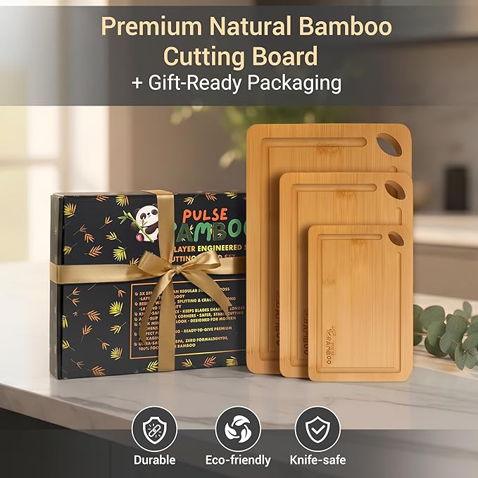 3-Layer Engineered Bamboo Cutting Board Set – Natural Bamboo Chopping Boards with Juice Grooves, Knife-Safe Surface, Anti-Slip Corners, 3-Piece Kitchen Board Set for Meat, Veggies, Cheese