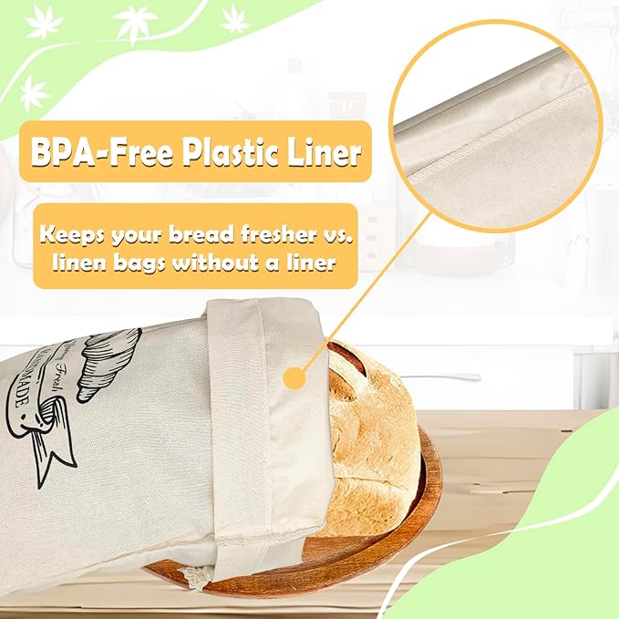 Linen Sourdough Bread Bags for Homemade Reusable Bread Storage Container Bags Eco Plastic Lining 2 Pack Small (15 x 12 in)