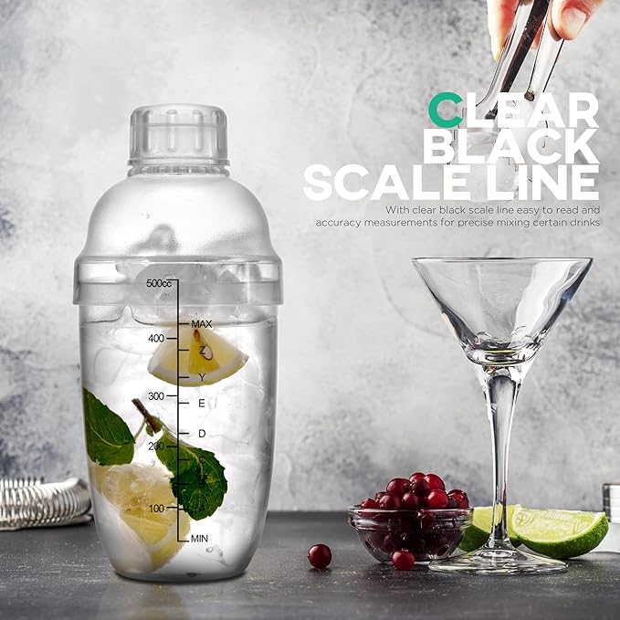 Homestia 2 pcs Clear Cocktail Shaker Set, 1 pcs Plastic Bar Shaker with 1pc Plastic Cocktail Double Measuring Jigger, Hand Drink Mixer Boba Tea Shaker w/Scales, Bar Tool Transparent (500ml/17oz)