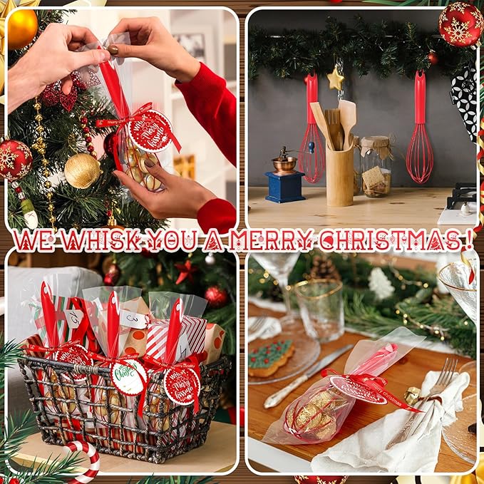12 Set 10 Inch Christmas Whisks Gifts DIY Fillable Red Baking Supplies Christmas Tree Ornaments Xmas Colored Silicone Whisks with Cards Cooking Heat Resistant Egg Beaters Kitchen Favors