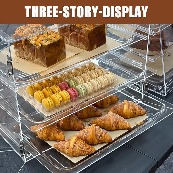 3-Tier Commercial Countertop Bakery Display Case with Rear Doors, 20.9 x 17.3 x 16.7 inches, Clear Countertop Cabinet for Pastries and Desserts