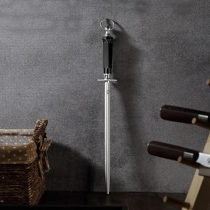 MITSUMOTO SAKARI 10 inch Japanese Honing Steel - Flat Diamond Knife Sharpening Rod, Professional High Carbon Sharpener with ABS Handle & Powerful Magnet