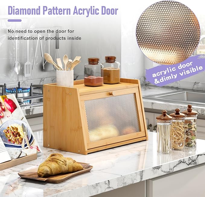 Large Farmhouse Bread Box with Window - Natural Wood Bread Storage Container for Kitchen Countertop