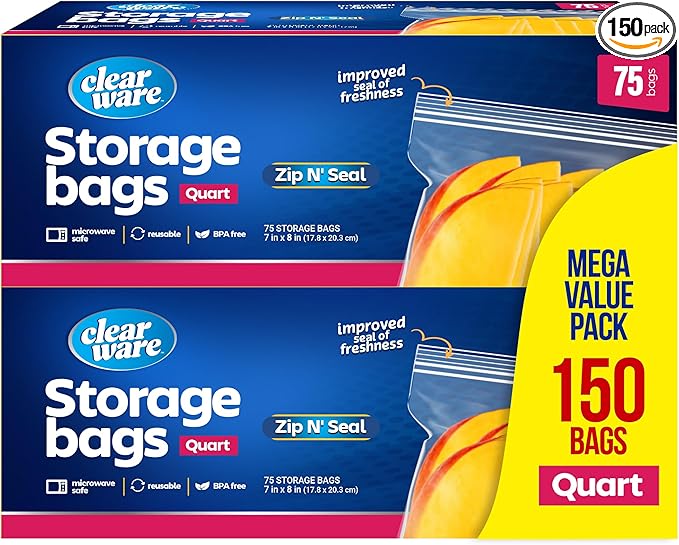 Quart Storage Bags, Double Zipper Seal - 150 Count, Resealable Thick Plastic Food Storage Bags - Microwave-Safe, Zero BPA - Reusable Containers for Lunch, Snacks, Meals - 2 Boxes