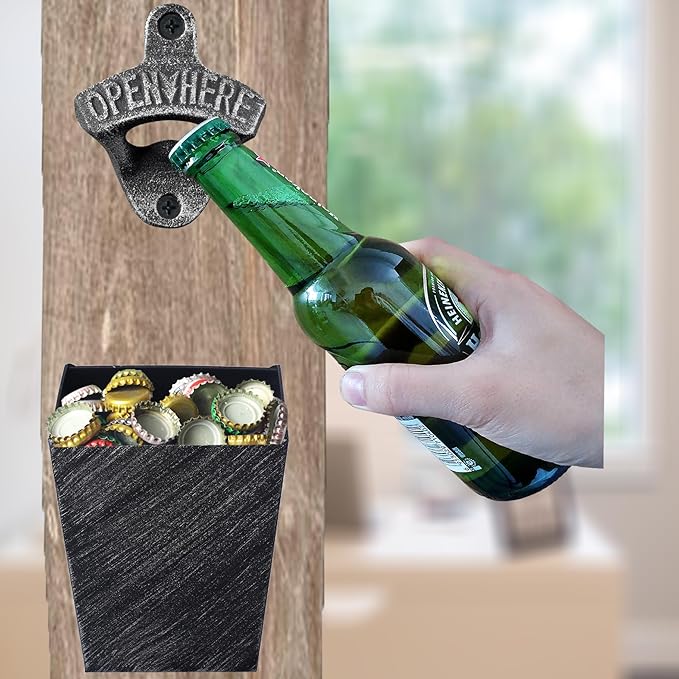 Old Fashioned Cast Iron Beer Cap Opener Wall Mounted Bottle Opener with Cap Catcher Narrow Bundle (Aged Silver)