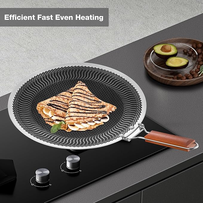 DELARLO Tri-Ply Stainless Steel Nonstick Crepe Pan,Round Griddle Pan,15 Inch Para Tortillas Pancake Pan with Stay-Cool Handle,18/10 Large Cooking Surface