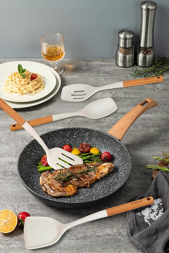 Large Silicone Kitchen Utensils Set, 4 PCS Cooking Utensils Set with Wooden Handle, Heat Resistant Silicone Utensils Kit for Cooking, BPA Free and Nonstick Spatula Set with Turner Spoon Ladle(White)