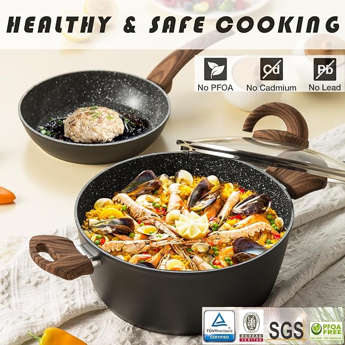 Pots and Pans Set Non Stick, Ceramic Cookware Set with Granite Pattern Kitchen Cooking Sets Induction Pot and Pan w/Frying Pans, Saucepans, Casserole, Non-Toxic, PTFE/PFOA/PFOS-Free, Black