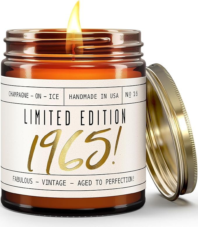 60th Birthday Gifts for Women Ideas - 'Limited Edition 1965' Soy Candle, w/Champagne on Ice I 1965 60 Birthday Gifts for Women Ideas I 9oz Reusable Jar, 50Hr Burn, Made in USA