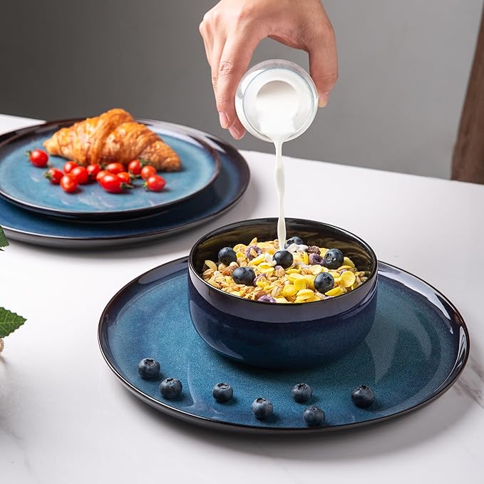 LeRatio Ceramic Dinnerware Sets for 6,Porcelain Plates and Bowls Sets,Handmade Reactive Glaze Dishes Set,Chip Resistant and Scratch Resistant | Oven&Dishwasher & Microwave Safe-Blue(18PCS)