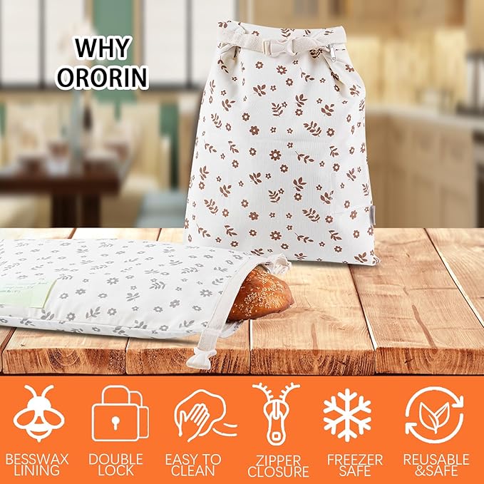 ORORIN Beeswax Bread Bags for Sourdough,Reusable Linen Waxed Sourdough Bread Bags for Homemade Bread,Bread Storage Container to Keep Fresh,Zipper Freezer Bags,Sourdough Accessories (2-Pack)