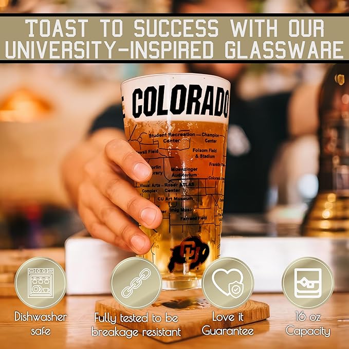 Greenline Goods – University of Colorado Buffaloes College Pint Beer Glasses (Set of 2), 16 oz – Full-Color Logo + Campus Map