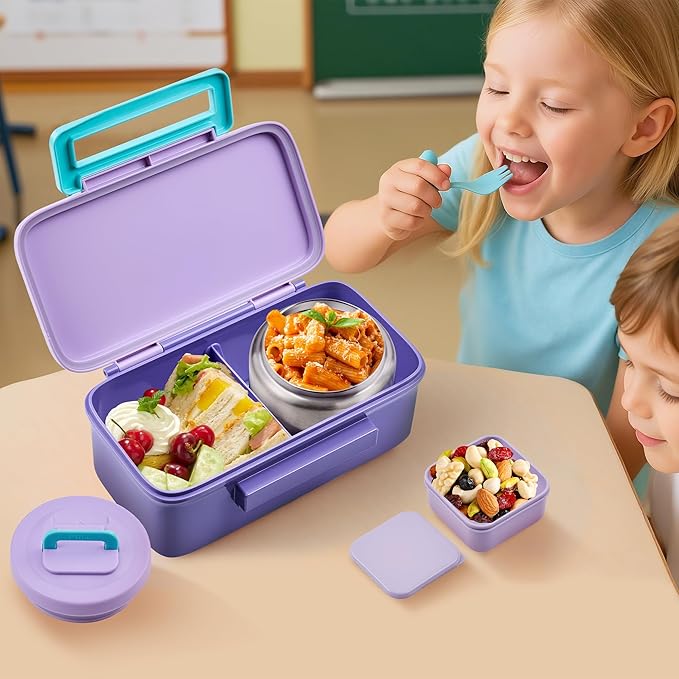 MAISON HUIS Kids Lunch Box with Thermo, Leakproof Bento Box with 8oz Insulated Food Jar, 2 Compartment Container for Back to School Girls Boys (Purple)
