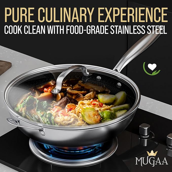 Nonstick Stainless Steel Pan Set – 12.5” Wok with Lid + 12” Frying Pan with Lid, Tri-Ply Honeycomb Hybrid Pans, Premium Kitchen Bundle