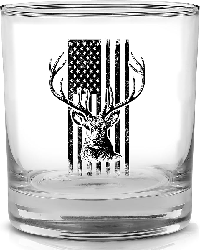 Hunting Gift USA Tattered Worn Flag Buck Deer Old Fashioned Glass Drinking Cup Gift For Hunter Hunt (2)