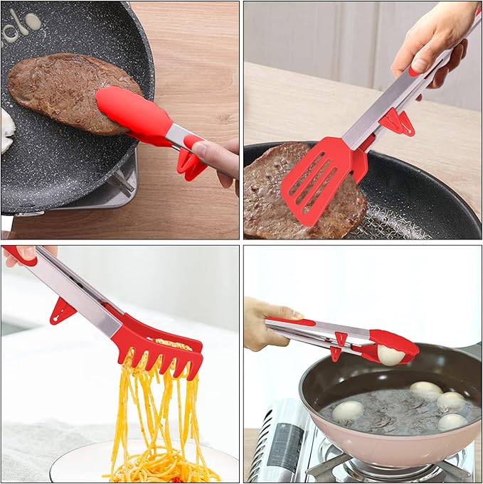 4in1 Stainless Steel Kitchen Food Tongs Set for Cooking with Silicone Tips, Toaster Steak Pie Pizza Pasta Spaghetti Noodles Salad Fruit Vegetable Grill BBQ Buffet Clamp Serving Tools Gadgets