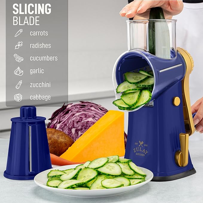 Zulay Kitchen Rotary Cheese Grater 5 Blade Cheese Shredder - Manual Hand Crank Cheese Grater With Reinforced Suction & 5 Interchangeable Drums - Easy to Use, Vegetable Chopper Round Mandoline Slicer