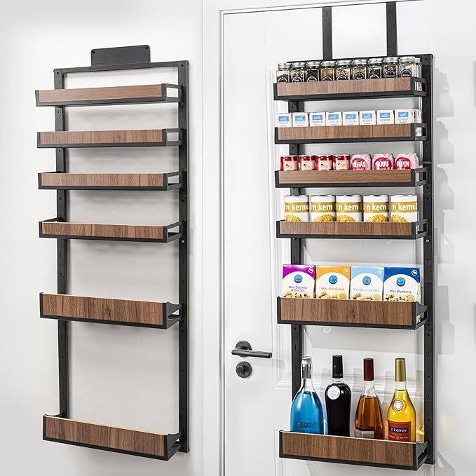 Aquzee Over the Door Pantry Organizer, 6-Tier Spice Rack Wall Mount, Adjustable Wooden Baskets, Haning/Mounting 2 in 1 Heavy-Duty Metal Hanging Door Organizer Storage for Kitchen, Cabinet and Closet