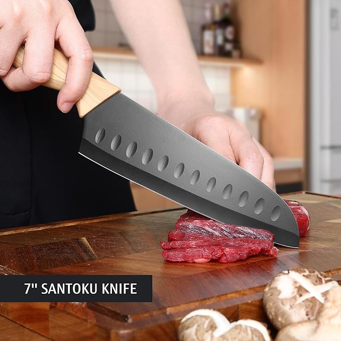 hecef Vintage Kitchen Knife Set of 3, Stainless Steel Blade with Black Non-stick Coating, Sharp Kitchen Knives Includes Santoku, Utility, Paring