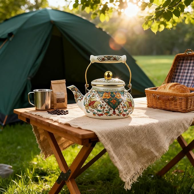 Vintage Enamel Tea Kettle with Porcelain Handle, 2.5L Stovetop Teapot - Non-Toxic, Rust-Resistant, Heat-Resistant, Hot Water Coffee Teapot for Kitchen Decor Christmas Gift
