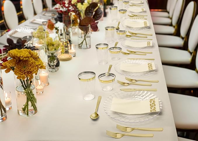 Perfect Settings 150 PCS Gold Plastic Silverware Set Heavy Duty Premium - Gold Plastic Cutlery Set Hammered Pebbled Finish - 50 Forks, 50 Knives, 50 Spoons Utensil Set