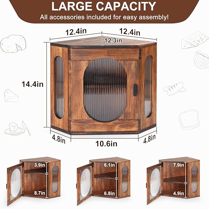 Sunhoo Bread Box for Kitchen Countertop Corner Bread Storage Wooden Breadbox Container 2 Layer Bread Holder Keeper Large Farmhouse Bread Bin Shelf for Homemade Pantry Vintage Acrylic Window(Brown)