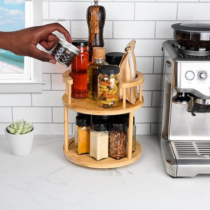 Wooden Rotating Spice Rack - 2 Tier Lazy Susan Turntable Spice Organizer for Countertop & Pantry - Portable & Space-Saving Rotating Storage Rack for Kitchen with 360° Rotating Feature