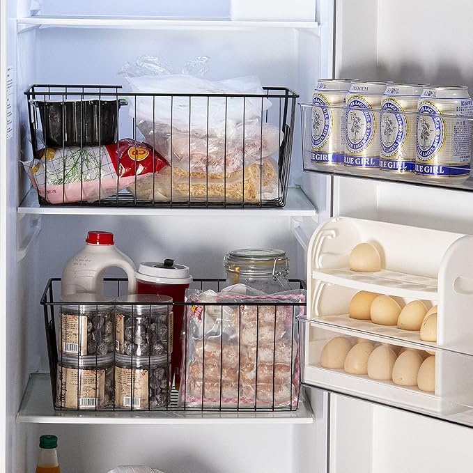 16inch Freezer Wire Storage Organizer Baskets, Household Refrigerator Bins with Built-in Handles for Cabinet, Pantry