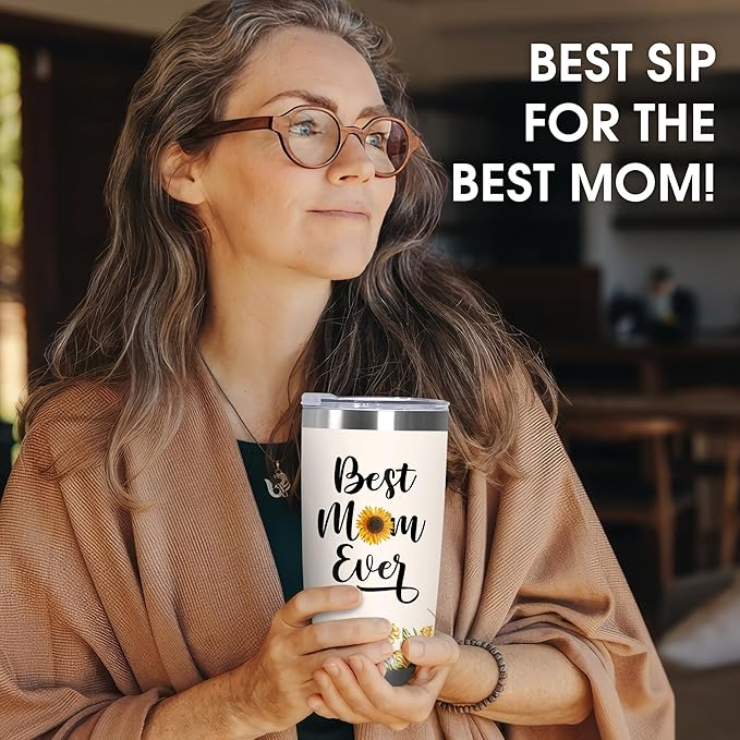 TEEZWONDER Christmas Birthday Gifts for Mom from Daughter Son - #1 Nutrition Facts Sunflower Stainless Steel Insulated Coffee Tumbler with Lid 20 oz - Mothers Birthday Gifts for Mama Grandma Women