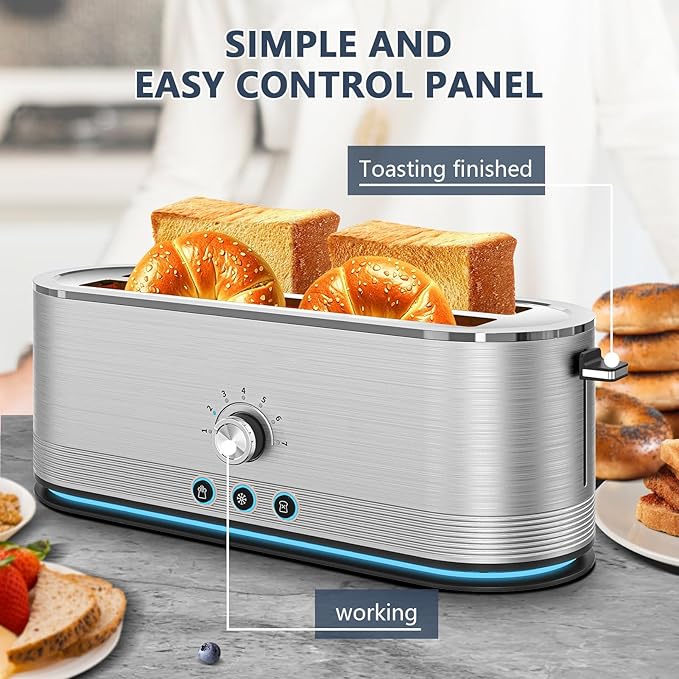 4-Slice Toaster, 7 Browning Settings, Removable Crumb Tray, Full body Stainless Steel Housing 1350W ，Anti-Fingerprint & Anti-Jam,Stainless Steel
