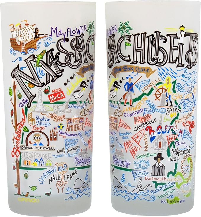 Catstudio Drinking Glass, Massachusetts Frosted Glass Cup for Kitchen, Drinking Glasses, 15oz Dishwasher Safe Tumbler for Massachusetts Lovers