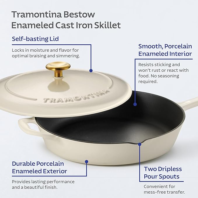 Tramontina Bestow Enameled Cast Iron Skillet with Lid, 10-inch Frying Pan, Latte with Gold Knob
