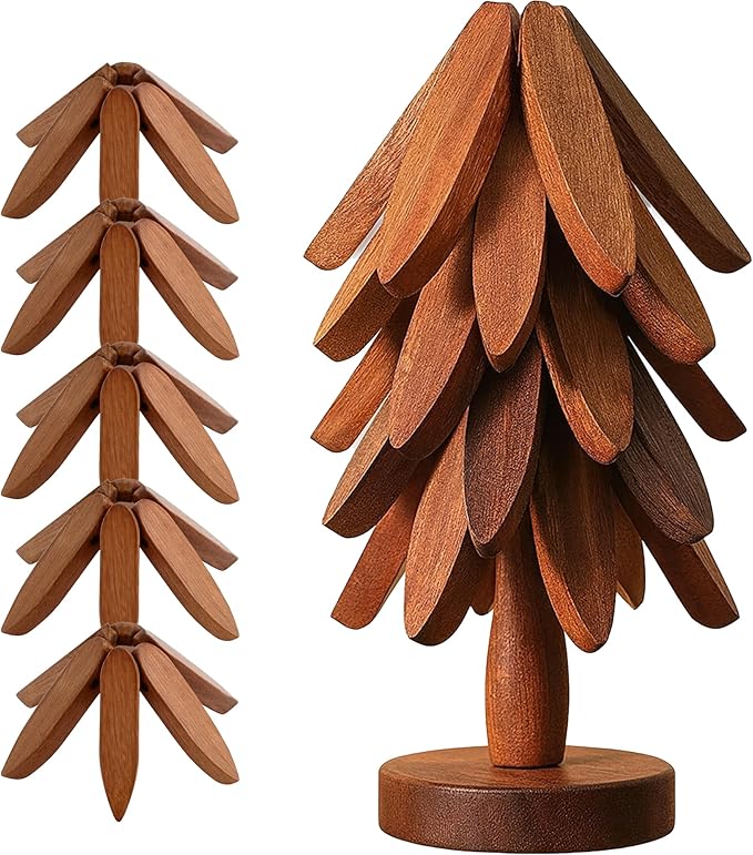 Natural Walnut Wood Tree Trivet Set – 5 Foldable Wooden Trivets with 1 Stand stored Like a Christmas Tree, Handmade Heat Resistant Coasters for Hot Dishes, Pots & Pans, Premium Kitchen Décor Gift