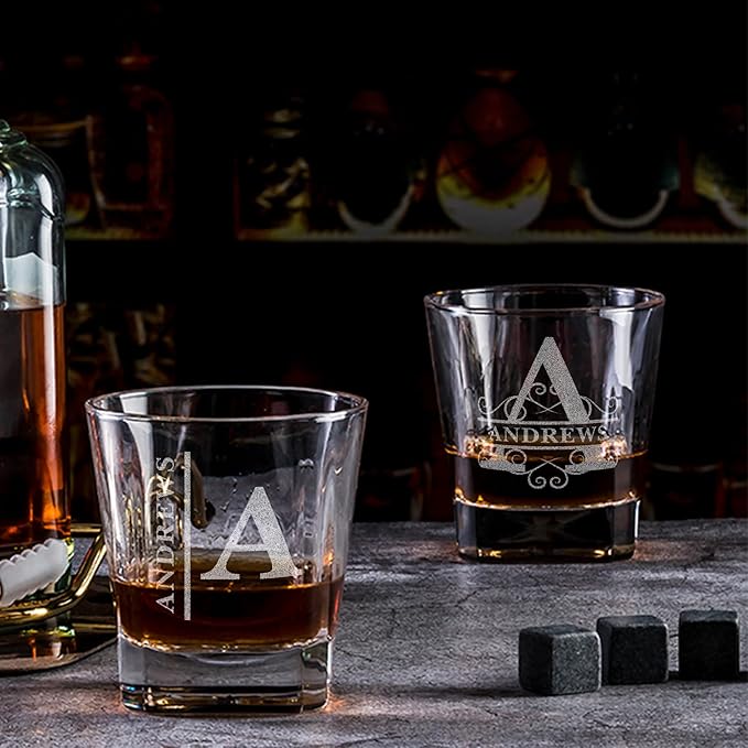 Personalized Name Monogram Whiskey Glass Gift Set - 4 Designs Custom Gift For Him - Personalized Bourbon Cup - 11 oz Engraved Monogram Scotch Glass in Wooden Box - Whiskey Gifts For Men