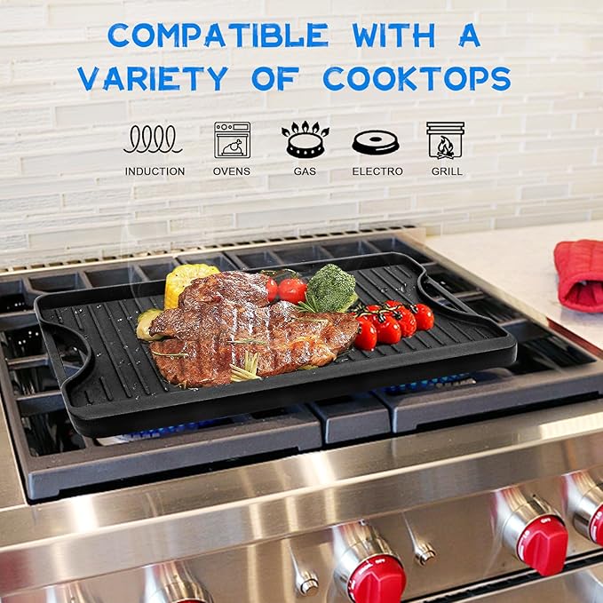 GGC Cast Iron Reversible Griddle, 2-in-1 Griddle Pan for Gas Stove Tops, Gas Grills and Camping, 20 x 10.5 Flat and Ribbed Griddle Plate for Indoor and Outdoor Cooking