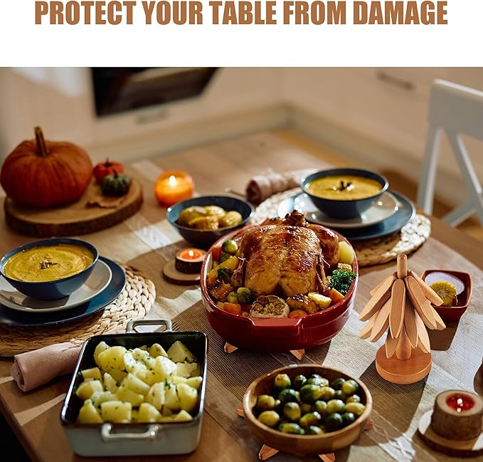 Wooden Trivets for Hot Dishes, Tree-Shaped Wooden Trivet Set, Includes 4 Trivets with Stand, Beech Wood (Walnut)