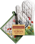 Maison d' Hermine 100% Cotton Oven Mitt & Pot Holder Set (7.5"x13" & 8"x8") Heat Resistant BBQ Cooking Gloves with Loop, Baking, Grilling, Kitchen, Handling Hot Pans Spring/Summer (Basse Cour)