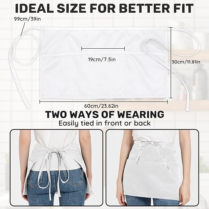 3 Pack Waist Apron with 3 Pockets, Unisex Black Waiter Aprons, Water Resistant Server Aprons for Restaurant Chef Bar