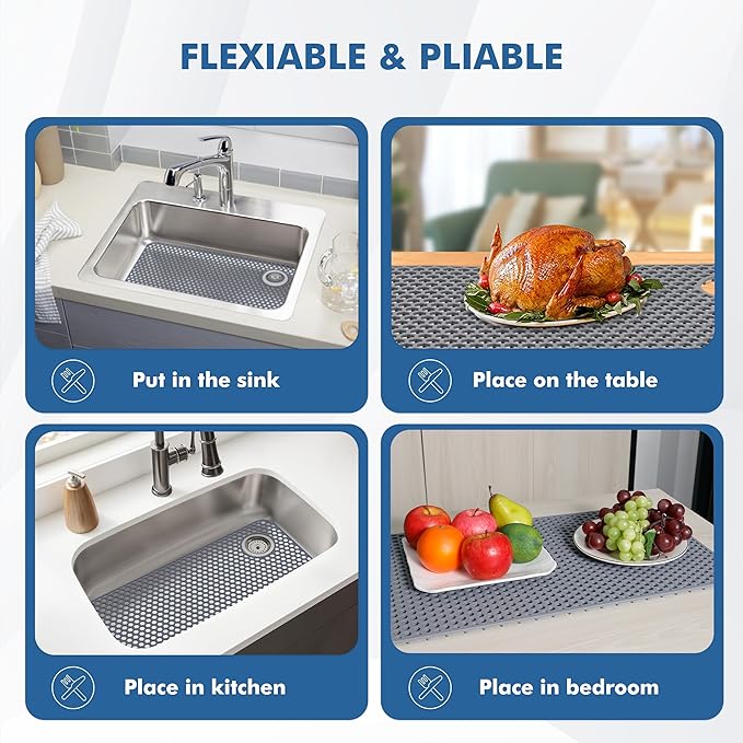 Silicone Sink Protectors for Kitchen Sink - 28.4"x 14.3" Kitchen Protector Accessory, Non-Slip Heat Resistant Mat for Bottom of Farmhouse Porcelain Stainless Steel (Top Right Drain Hole,Gray)