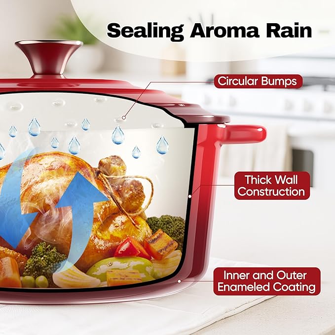 6.5 Quart Dutch Oven Pot with Lid, Non Stick Enameled Cast Iron Dutch Oven for Bread Baking, Heavy-Duty, Oven Safe Ceramic Cookware Up to 500°F for Baking, Braising, Stews, Roasting, Red