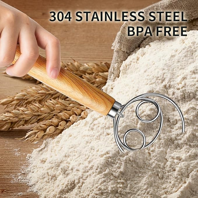 Danish Dough Whisk and Dough Hook - Stainless Steel Dutch Style Wooden Handle for Sourdough, Bread, Pastry Dough Mixing Tools