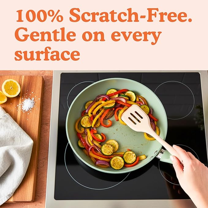 Non-Toxic Platinum Silicone Kitchen Utensil Set of 4 – Non-Scratch Cooking Spoon & Spatula, 100% Plastic Free, Stainless Steel Core, Heat Resistant 500°F, Beige