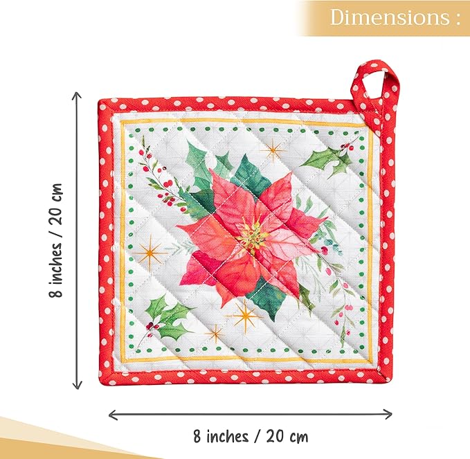 Maison d' Hermine Pot Holders Set 100% Cotton Heat Resistant Potholders 8" x 8" Hot Pads with Loop for Thanksgiving Christmas Decorations Baking Handling Hot Pans (Pack of 2, Poinsettia Christmas)