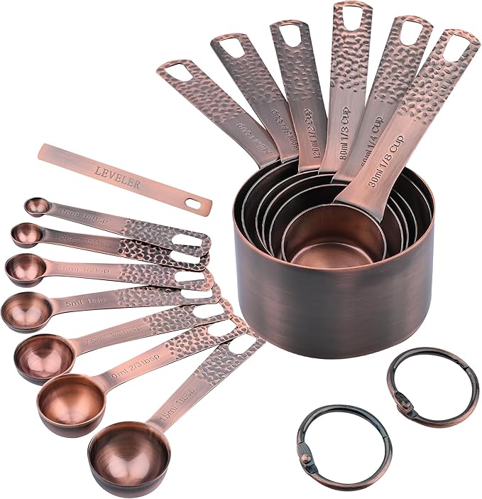 Copper Measuring Cups and Spoons Set 14, Stainless Steel Measuring Cups and Spoons set, Metal 6 Measure Cup and 7 Measure Spoon with 1 Leveler for Kitchen & Baking