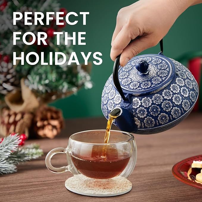 Juvale Japanese Cast Iron Teapot with Infuser & Stovetop Tea Kettle - 34 oz, Blue - Heat Retention, Removable Lid & Fold-Down Handle