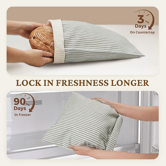 BRONYPRO Reusable Beeswax and Linen Bread Bags, 2-Pack Waxed Bread Bags for Homemade Bread & Sourdough, Sustainable Sourdough Loaf Storage to Lock in Freshness, Large 17x12.6in, Grey