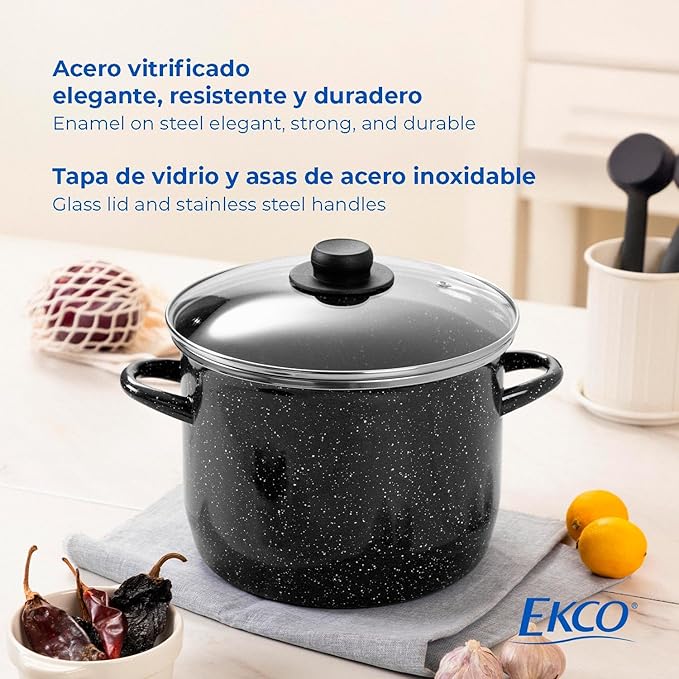 EKCO EOS 12-Quarts Alloy Steel Speckled Stockpot with Glass Lid - Dishwasher and Oven Safe Cooking Pot up to 350°F - Induction Cookware for All Cooktops - Non-Reactive Enameled Soup Pot - Black