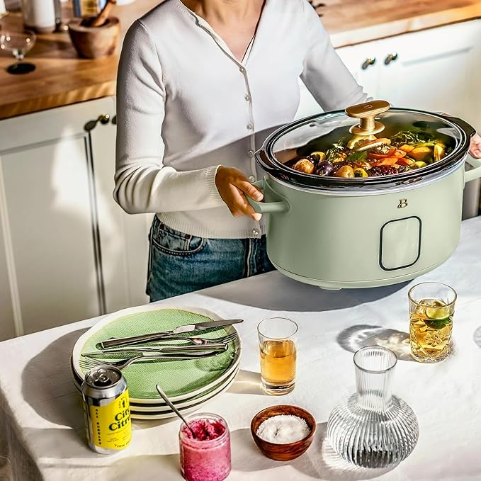 Beautiful 6 Qt Programmable Slow Cooker with Touch Control, Digital Timer and Keep Warm Function – Large Electric pot Capacity Kitchen Appliance by Drew-Barrymore (Sage Green)